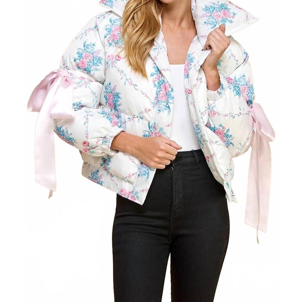 TCEC White Floral Puff Jacket with Pink Ribbon Ties